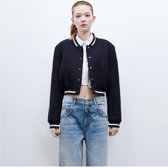 selling zara crop wool bomber jacket in navy, size small - Picture 2 of 8